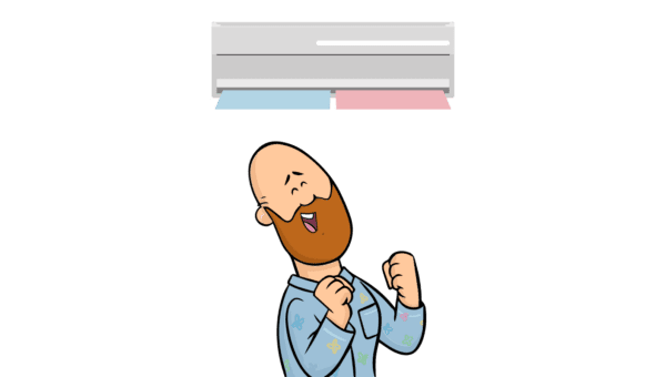Man celebrating under air conditioner, celebrating his power bill savings from loadshifting.
