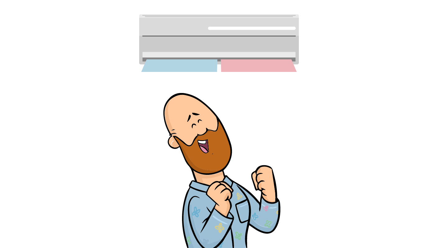 Man celebrating under air conditioner, celebrating his power bill savings from loadshifting.