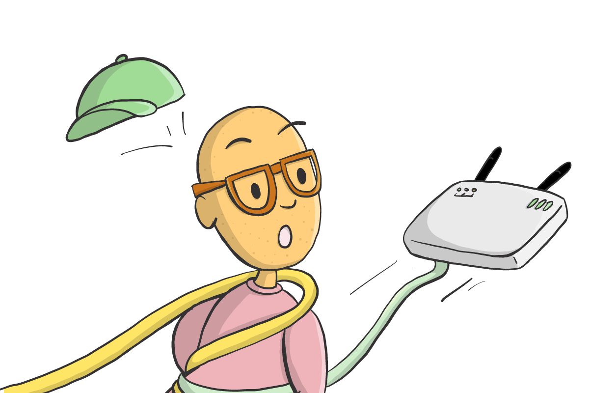 Cartoon man tangled in ethernet cables struggles against a broadband modem. Escape the frustration of 30-day notice periods with Electric Kiwi Broadband!