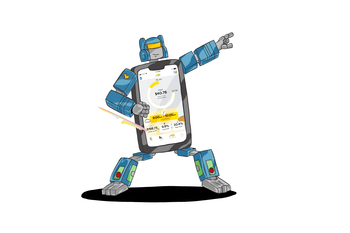Smartphone transformed into a superhero-inspired robot displays Electric Kiwi app with Hour of Power highlighted. Power up your savings!