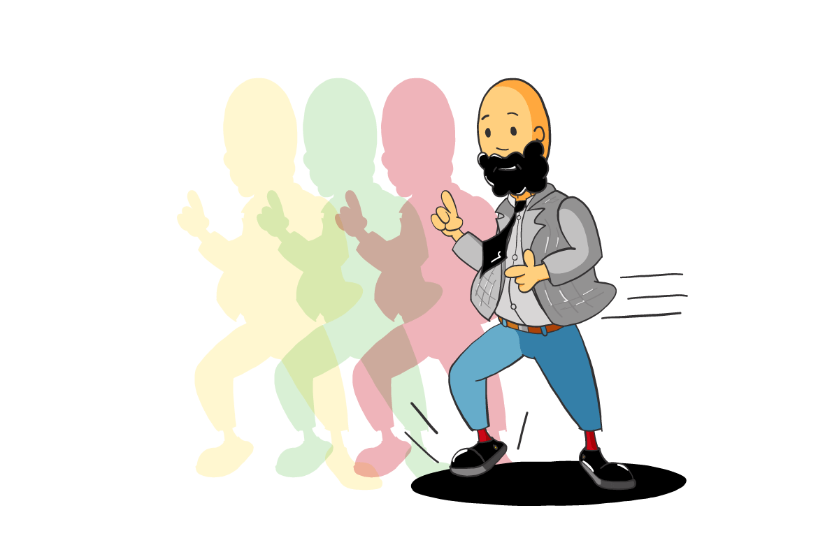 Cartoon man dances energetically, symbolizing a master mover on the MoveMaster plan. Use appliances off-peak and save money!
