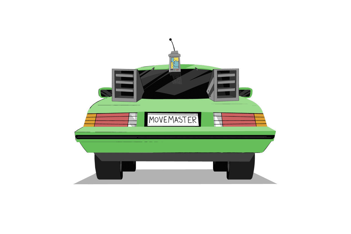Sleek, green electric car with gullwing doors inspired by Back to the Future's DeLorean. "MoveMaster" license plate highlights Electric Kiwi's MoveMaster plan for affordable EV charging.
