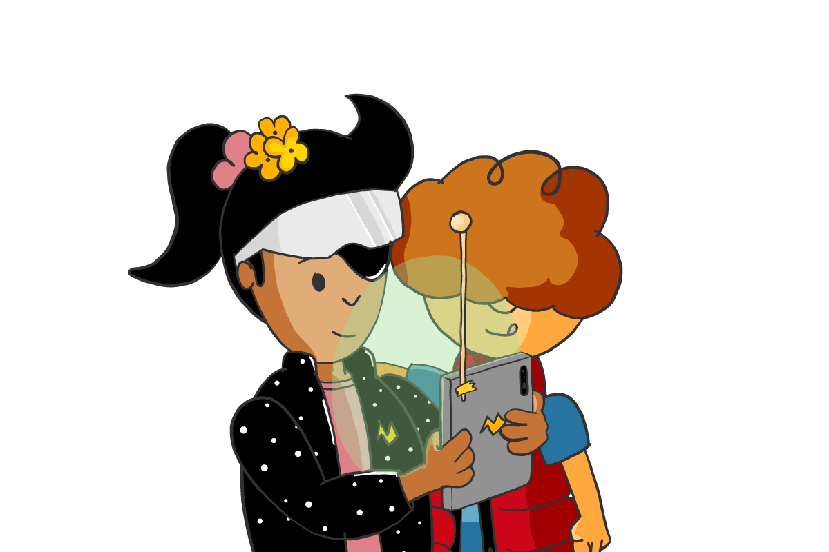 Cartoon boy and girl, inspired by Marty McFly and Doc Brown, use a remote to control appliances. Discover energy usage with our appliance usage guide!