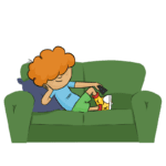 Relaxed cartoon boy on a sofa using a TV remote, representing the convenience of smart home automation.