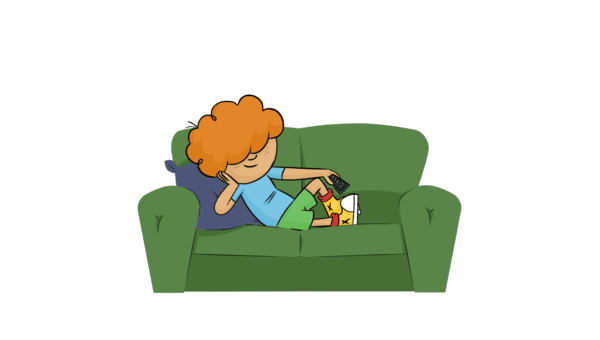 Relaxed cartoon boy on a sofa using a TV remote, representing the convenience of smart home automation.
