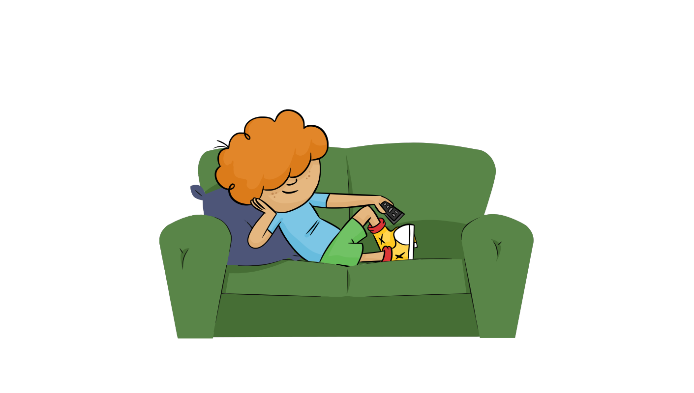 Relaxed cartoon boy on a sofa using a TV remote, representing the convenience of smart home automation.