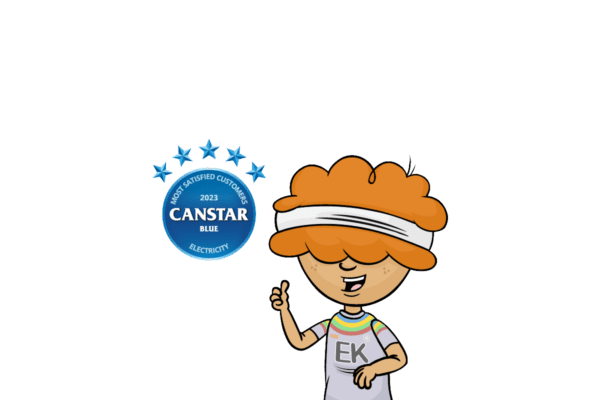 Excited cartoon boy approves of Electric Kiwi's win as Canstar's Most Satisfied Customers in electricity.