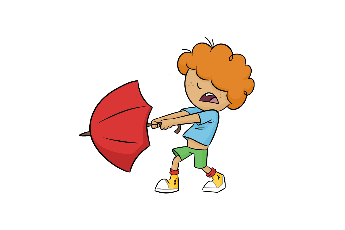 A cartoon boy representing Electric Kiwi customers holds onto an umbrella in a strong windstorm, illustrating the company's commitment to safeguarding its customers from the impact of skyrocketing wholesale energy prices.