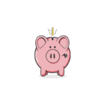 Cartoon girl working at cash register with Peaky Bank logo, giving change to customer.